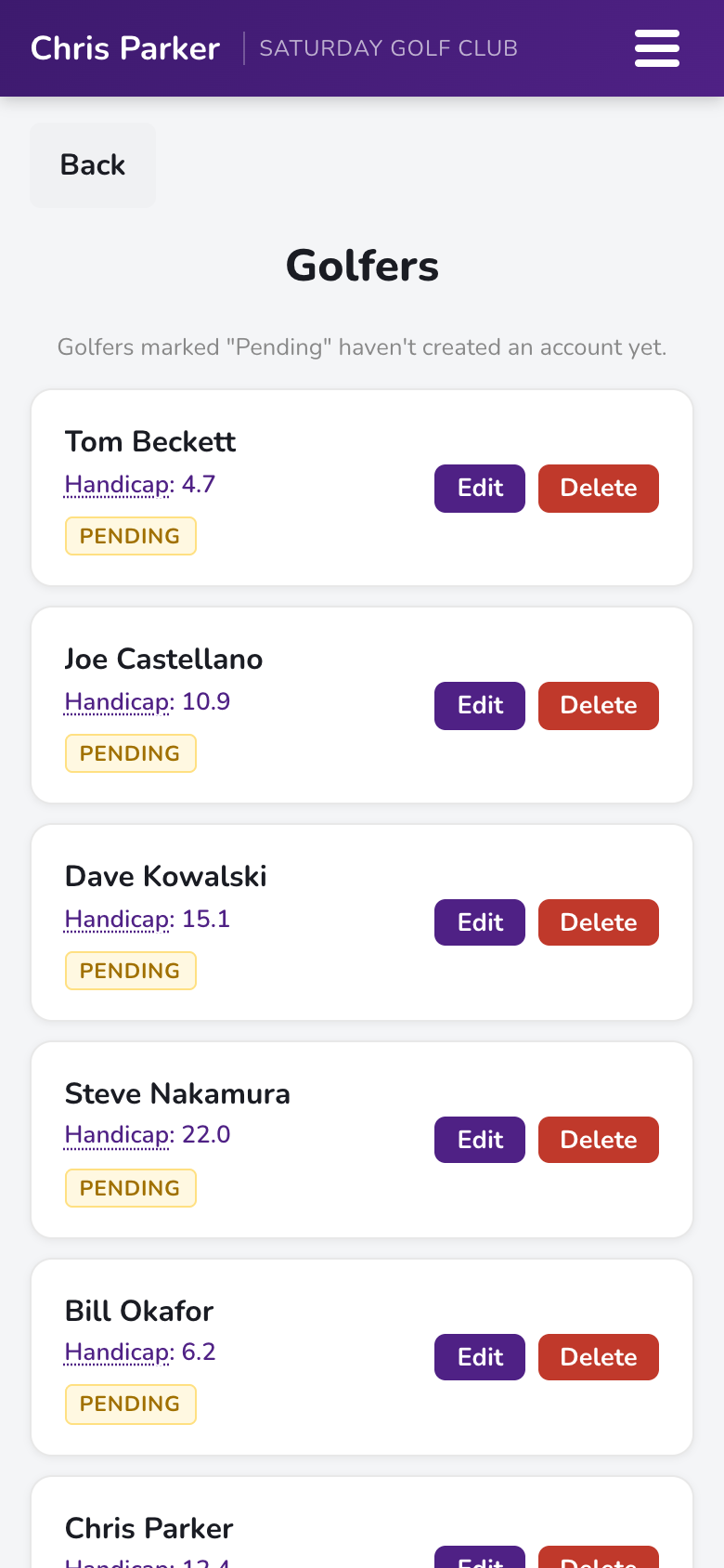 Golfer roster with handicaps and pending badges