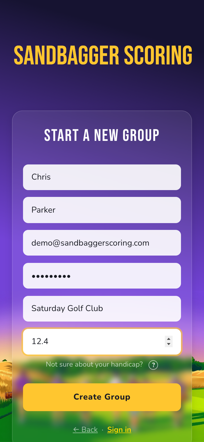 Start a new group form, filled in