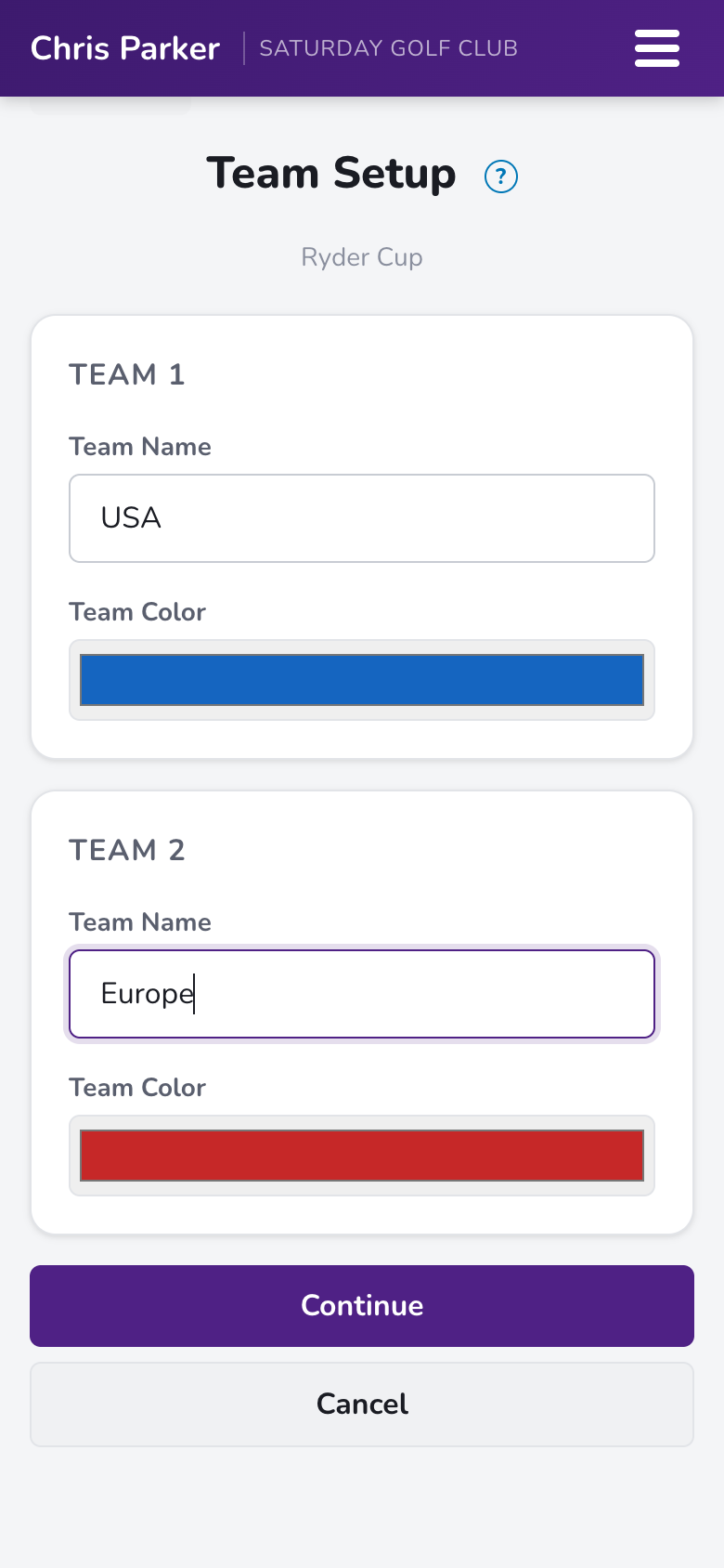 Team setup with names and colors